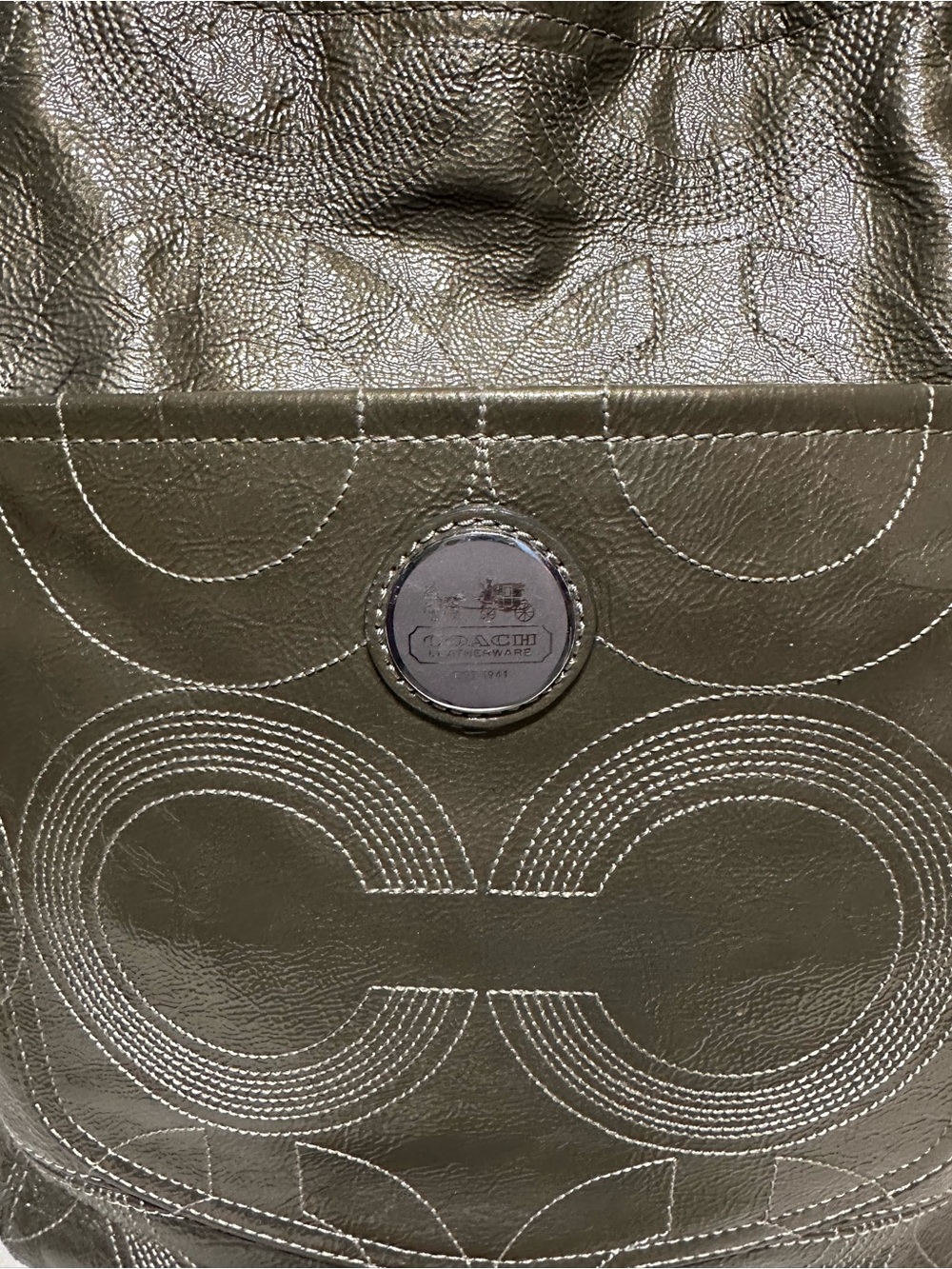 Coach Alex Stitched Patent Tote in a metallic Ollive Green color - Picture 6 of 13